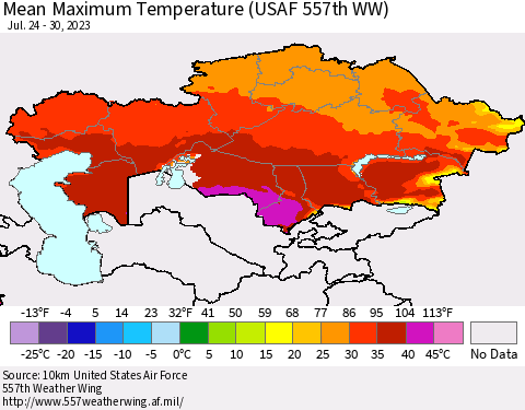 Kazakhstan Mean Maximum Temperature (USAF 557th WW) Thematic Map For 7/24/2023 - 7/30/2023