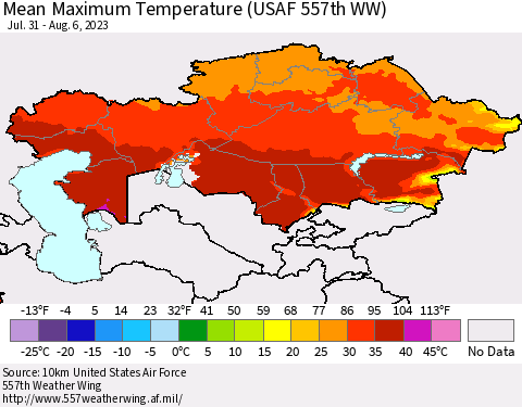 Kazakhstan Mean Maximum Temperature (USAF 557th WW) Thematic Map For 7/31/2023 - 8/6/2023