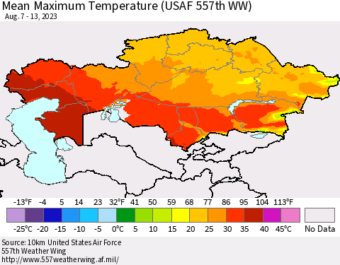 Kazakhstan Mean Maximum Temperature (USAF 557th WW) Thematic Map For 8/7/2023 - 8/13/2023