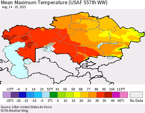 Kazakhstan Mean Maximum Temperature (USAF 557th WW) Thematic Map For 8/14/2023 - 8/20/2023