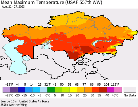 Kazakhstan Mean Maximum Temperature (USAF 557th WW) Thematic Map For 8/21/2023 - 8/27/2023