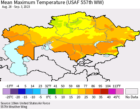 Kazakhstan Mean Maximum Temperature (USAF 557th WW) Thematic Map For 8/28/2023 - 9/3/2023