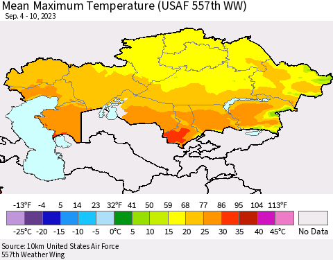 Kazakhstan Mean Maximum Temperature (USAF 557th WW) Thematic Map For 9/4/2023 - 9/10/2023
