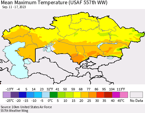 Kazakhstan Mean Maximum Temperature (USAF 557th WW) Thematic Map For 9/11/2023 - 9/17/2023
