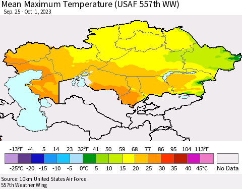 Kazakhstan Mean Maximum Temperature (USAF 557th WW) Thematic Map For 9/25/2023 - 10/1/2023