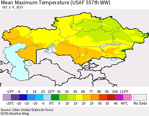 Kazakhstan Mean Maximum Temperature (USAF 557th WW) Thematic Map For 10/2/2023 - 10/8/2023