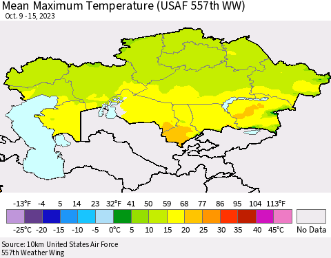 Kazakhstan Mean Maximum Temperature (USAF 557th WW) Thematic Map For 10/9/2023 - 10/15/2023