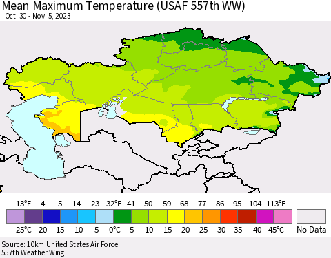 Kazakhstan Mean Maximum Temperature (USAF 557th WW) Thematic Map For 10/30/2023 - 11/5/2023