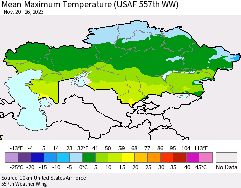 Kazakhstan Mean Maximum Temperature (USAF 557th WW) Thematic Map For 11/20/2023 - 11/26/2023