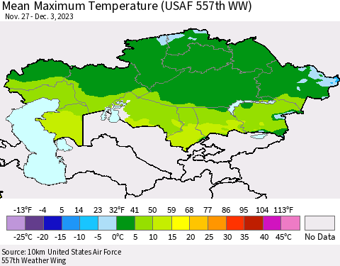 Kazakhstan Mean Maximum Temperature (USAF 557th WW) Thematic Map For 11/27/2023 - 12/3/2023