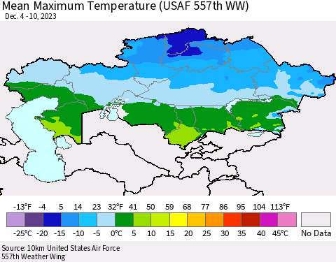 Kazakhstan Mean Maximum Temperature (USAF 557th WW) Thematic Map For 12/4/2023 - 12/10/2023