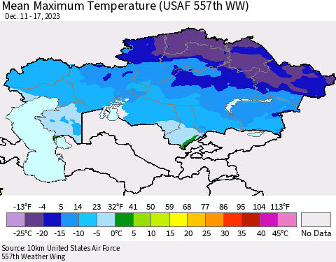 Kazakhstan Mean Maximum Temperature (USAF 557th WW) Thematic Map For 12/11/2023 - 12/17/2023