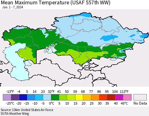 Kazakhstan Mean Maximum Temperature (USAF 557th WW) Thematic Map For 1/1/2024 - 1/7/2024