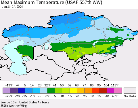 Kazakhstan Mean Maximum Temperature (USAF 557th WW) Thematic Map For 1/8/2024 - 1/14/2024