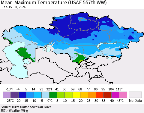 Kazakhstan Mean Maximum Temperature (USAF 557th WW) Thematic Map For 1/15/2024 - 1/21/2024
