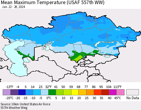 Kazakhstan Mean Maximum Temperature (USAF 557th WW) Thematic Map For 1/22/2024 - 1/28/2024