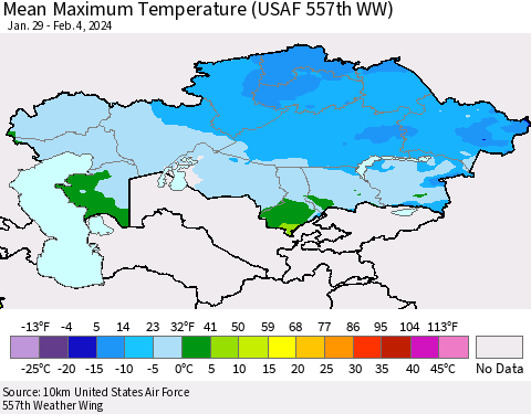 Kazakhstan Mean Maximum Temperature (USAF 557th WW) Thematic Map For 1/29/2024 - 2/4/2024