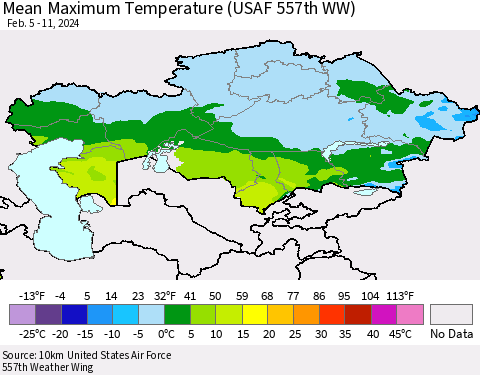 Kazakhstan Mean Maximum Temperature (USAF 557th WW) Thematic Map For 2/5/2024 - 2/11/2024