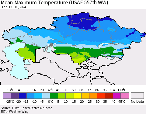 Kazakhstan Mean Maximum Temperature (USAF 557th WW) Thematic Map For 2/12/2024 - 2/18/2024