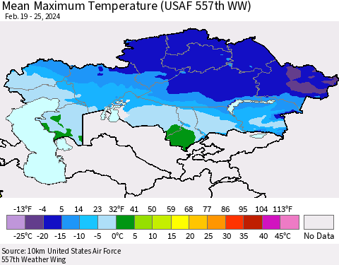 Kazakhstan Mean Maximum Temperature (USAF 557th WW) Thematic Map For 2/19/2024 - 2/25/2024