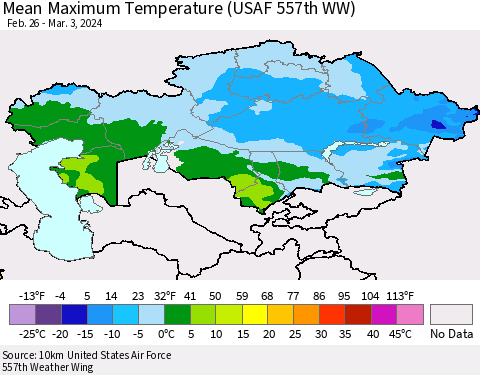 Kazakhstan Mean Maximum Temperature (USAF 557th WW) Thematic Map For 2/26/2024 - 3/3/2024
