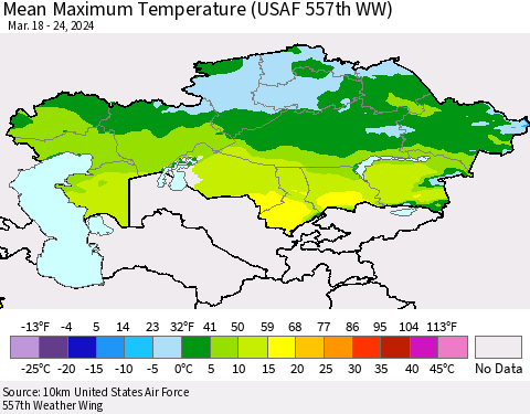 Kazakhstan Mean Maximum Temperature (USAF 557th WW) Thematic Map For 3/18/2024 - 3/24/2024