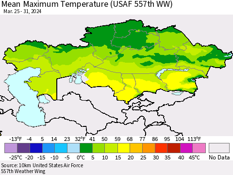 Kazakhstan Mean Maximum Temperature (USAF 557th WW) Thematic Map For 3/25/2024 - 3/31/2024