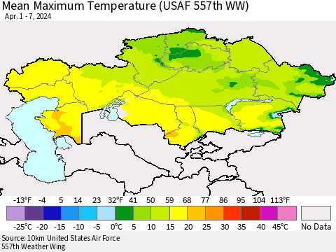 Kazakhstan Mean Maximum Temperature (USAF 557th WW) Thematic Map For 4/1/2024 - 4/7/2024