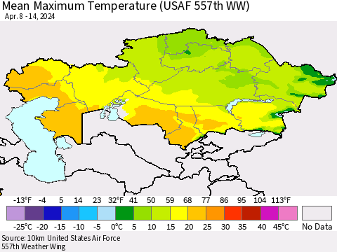 Kazakhstan Mean Maximum Temperature (USAF 557th WW) Thematic Map For 4/8/2024 - 4/14/2024