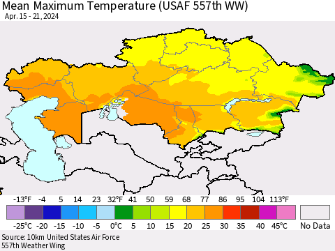 Kazakhstan Mean Maximum Temperature (USAF 557th WW) Thematic Map For 4/15/2024 - 4/21/2024