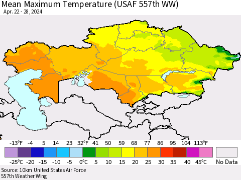 Kazakhstan Mean Maximum Temperature (USAF 557th WW) Thematic Map For 4/22/2024 - 4/28/2024