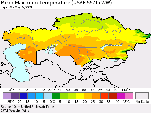 Kazakhstan Mean Maximum Temperature (USAF 557th WW) Thematic Map For 4/29/2024 - 5/5/2024
