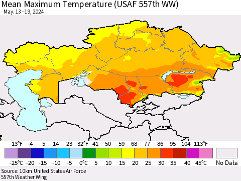 Kazakhstan Mean Maximum Temperature (USAF 557th WW) Thematic Map For 5/13/2024 - 5/19/2024