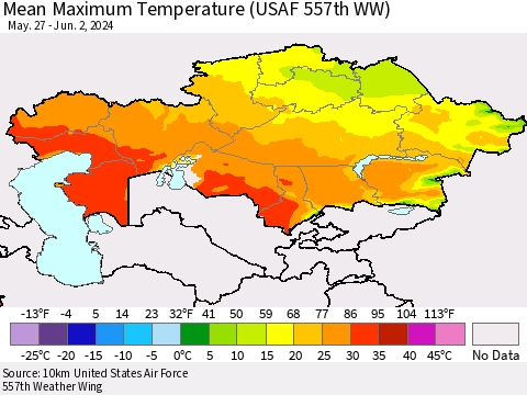 Kazakhstan Mean Maximum Temperature (USAF 557th WW) Thematic Map For 5/27/2024 - 6/2/2024