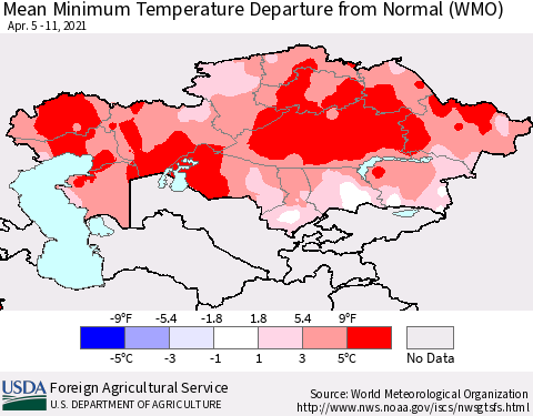 Kazakhstan Mean Minimum Temperature Departure from Normal (WMO) Thematic Map For 4/5/2021 - 4/11/2021