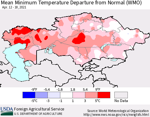 Kazakhstan Mean Minimum Temperature Departure from Normal (WMO) Thematic Map For 4/12/2021 - 4/18/2021