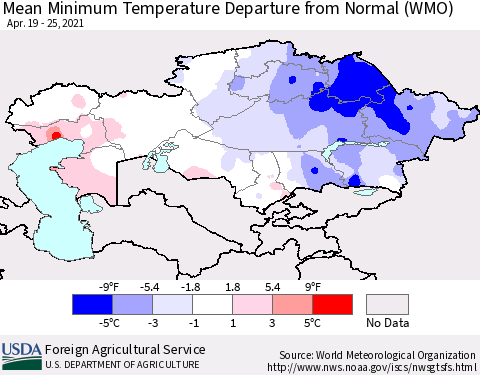 Kazakhstan Mean Minimum Temperature Departure from Normal (WMO) Thematic Map For 4/19/2021 - 4/25/2021