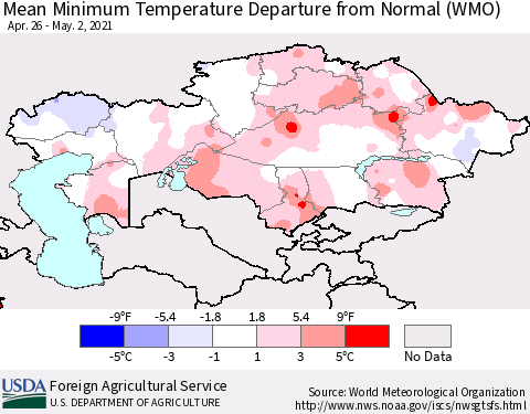 Kazakhstan Mean Minimum Temperature Departure from Normal (WMO) Thematic Map For 4/26/2021 - 5/2/2021