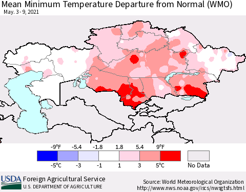 Kazakhstan Mean Minimum Temperature Departure from Normal (WMO) Thematic Map For 5/3/2021 - 5/9/2021