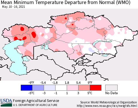 Kazakhstan Mean Minimum Temperature Departure from Normal (WMO) Thematic Map For 5/10/2021 - 5/16/2021