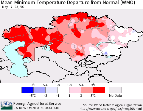 Kazakhstan Mean Minimum Temperature Departure from Normal (WMO) Thematic Map For 5/17/2021 - 5/23/2021