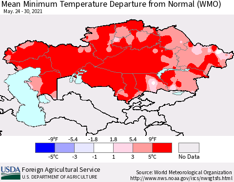 Kazakhstan Mean Minimum Temperature Departure from Normal (WMO) Thematic Map For 5/24/2021 - 5/30/2021