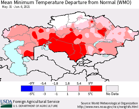 Kazakhstan Mean Minimum Temperature Departure from Normal (WMO) Thematic Map For 5/31/2021 - 6/6/2021