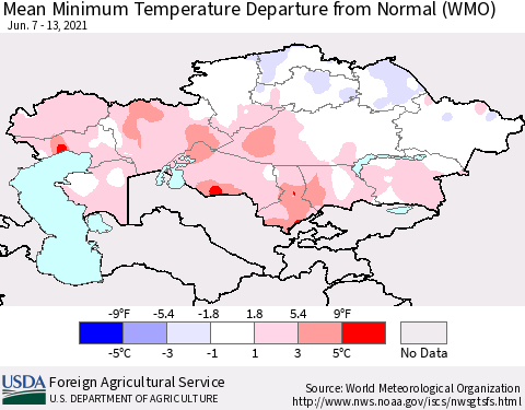 Kazakhstan Mean Minimum Temperature Departure from Normal (WMO) Thematic Map For 6/7/2021 - 6/13/2021