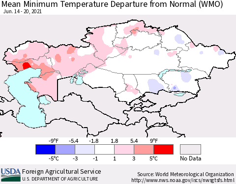 Kazakhstan Mean Minimum Temperature Departure from Normal (WMO) Thematic Map For 6/14/2021 - 6/20/2021