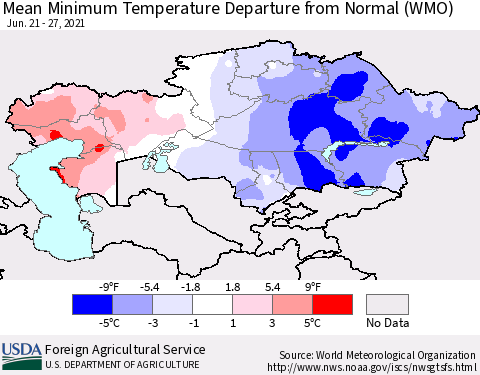 Kazakhstan Mean Minimum Temperature Departure from Normal (WMO) Thematic Map For 6/21/2021 - 6/27/2021