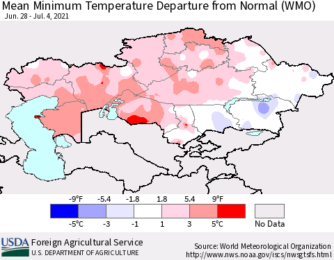 Kazakhstan Mean Minimum Temperature Departure from Normal (WMO) Thematic Map For 6/28/2021 - 7/4/2021