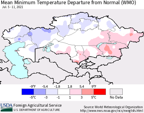 Kazakhstan Mean Minimum Temperature Departure from Normal (WMO) Thematic Map For 7/5/2021 - 7/11/2021