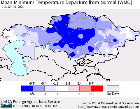 Kazakhstan Mean Minimum Temperature Departure from Normal (WMO) Thematic Map For 7/12/2021 - 7/18/2021