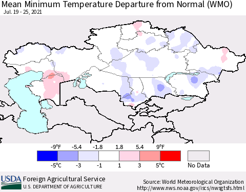 Kazakhstan Mean Minimum Temperature Departure from Normal (WMO) Thematic Map For 7/19/2021 - 7/25/2021